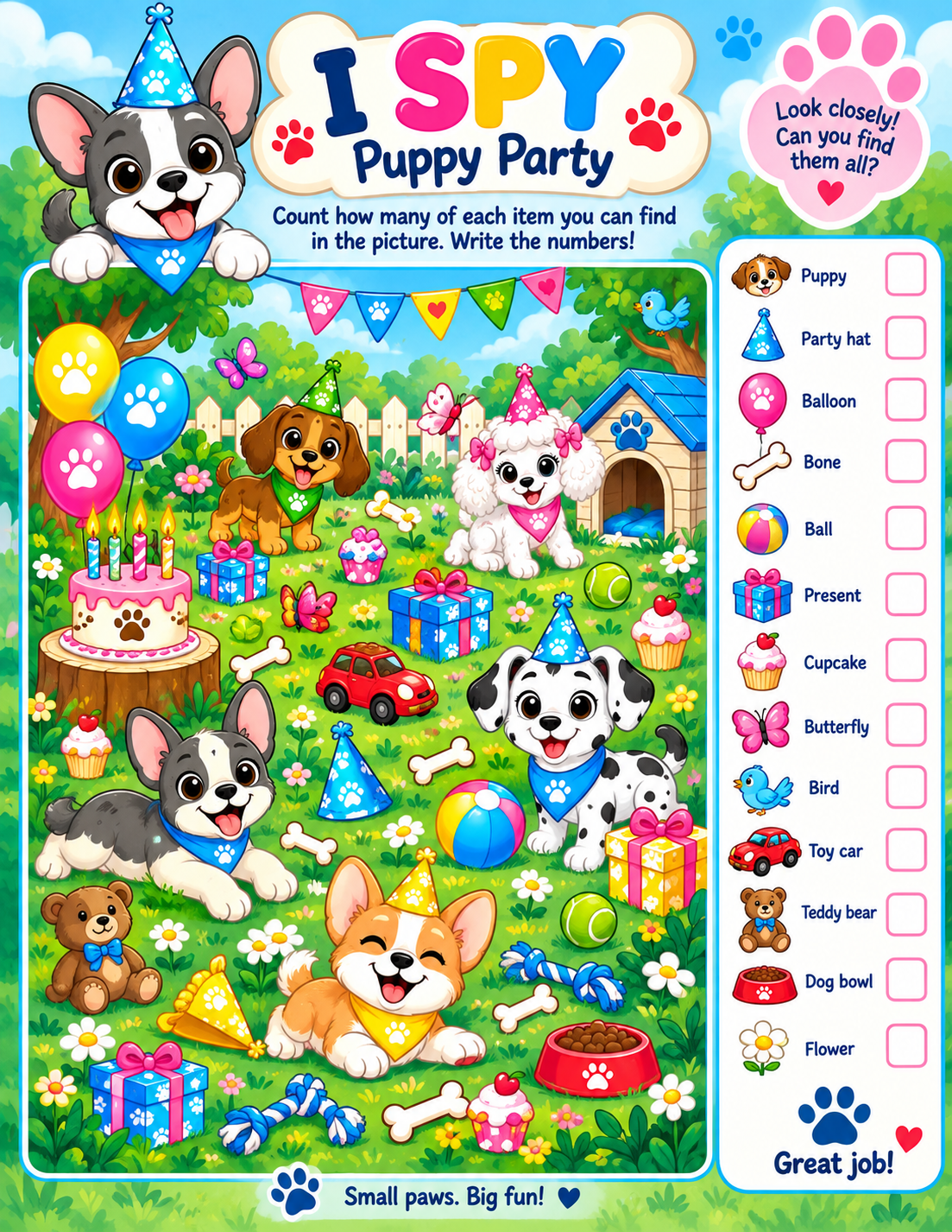 PAWS UP! Activity Book I Spy puppy party page preview
