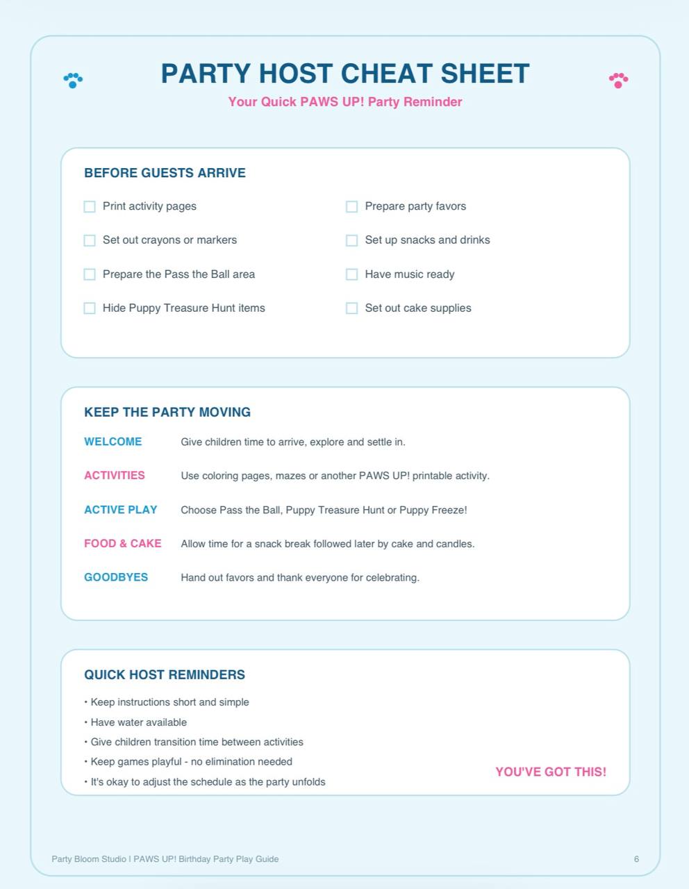 PAWS UP! Bonus Play Guide Party Host Cheat Sheet page